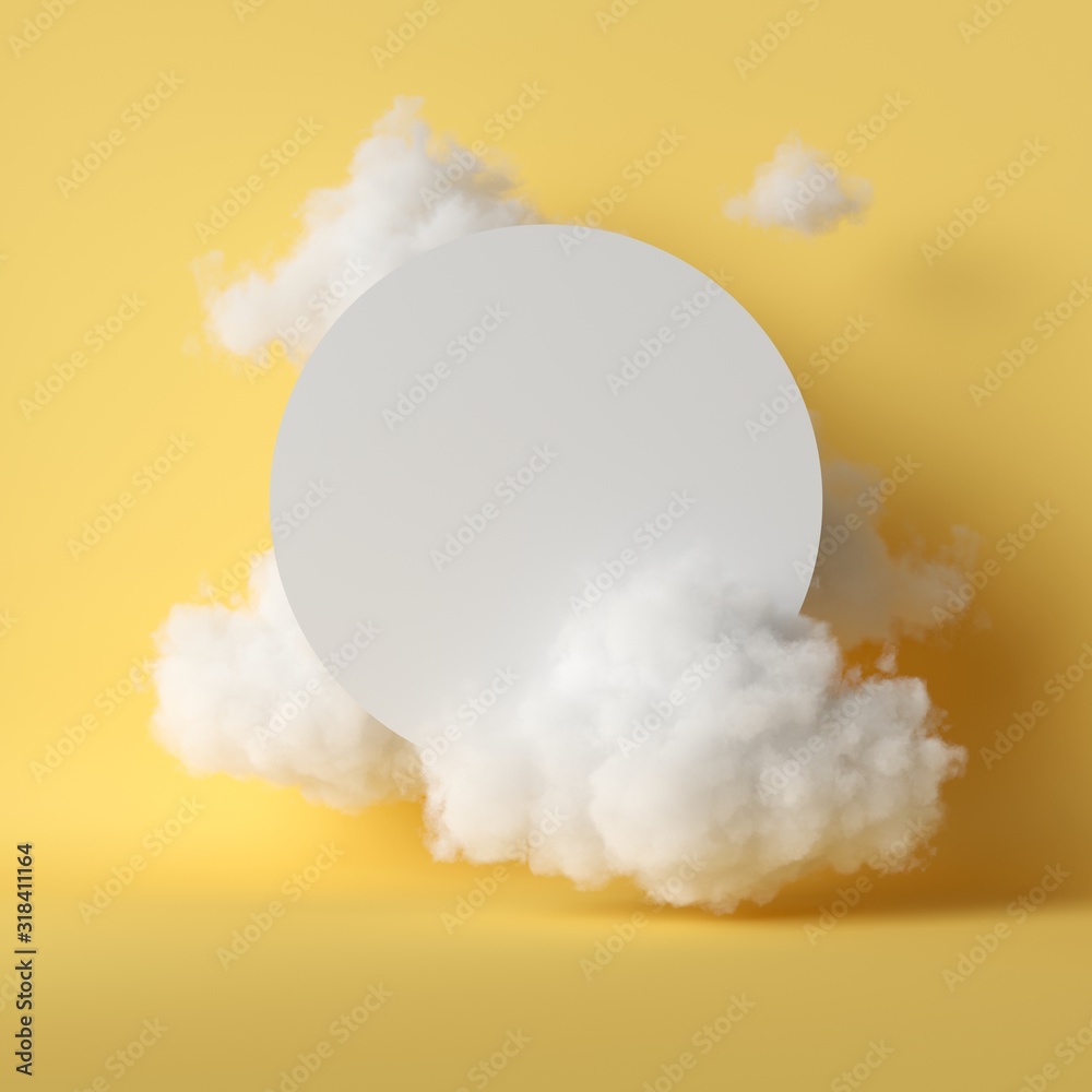 3d render, white fluffy clouds flying around empty round frame. Modern minimal design. Blank banner board, copy space. Objects isolated on yellow background, abstract metaphor
