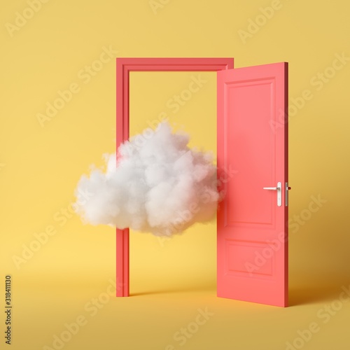 Fototapeta 3d render, white cloud, open red door, objects isolated on bright yellow background