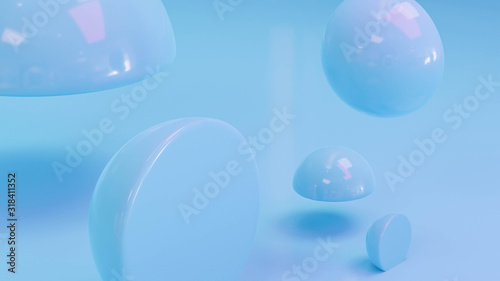 Abstract cyan blue spheres sliced in half with glossy surface  on white matte background 3d illustration render