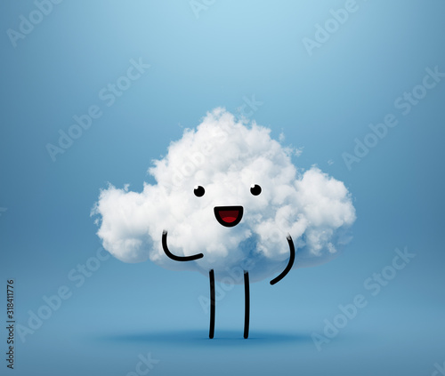 3d render, cute white cotton cloud character, smiling mascot isolated, blue background. Happy emotion. Facial expression. Funny little guy looking at camera. Weather forecast icon. Kawaii illustration photo