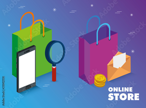 online store with smartphone and icons illustration design
