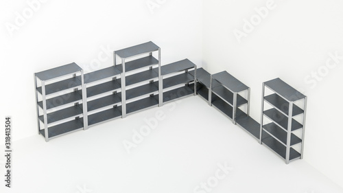 3D image isometric view of supermarket warehouse racks staying in a row on white isolated background