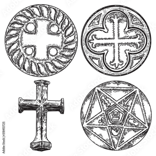 Set of decorative symbols. Circular decorative Christian religion cross design and five pointed star carved in marble stone. Masonic symbol. Vector.