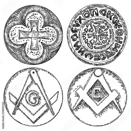 Set of decorative symbols. Circular decorative Christian religion cross design and Square and Compass, mysteries of mankind knowledge , occultism, spirituality and esoteric design. Vector.