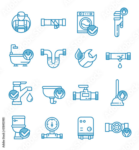 Set of plumbing service icons with outline style.