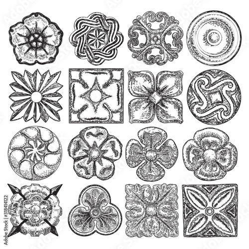 Set of square and circle flowers, vintage scroll Baroque Victorian frame elements. Rose or peony like floral ornament bloom engraved retro, decorative design in marble stone. Vector.