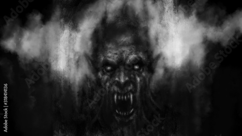 Scary vampire face in the darkness. Black and white. Genre of horror fantasy. Creepy character head for Halloween illustration. Coal and noise effect.