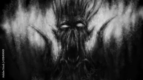 Scary demon face with wings. Black and white. Genre of horror fantasy. Creepy character head for Halloween illustration. Coal and noise effect.