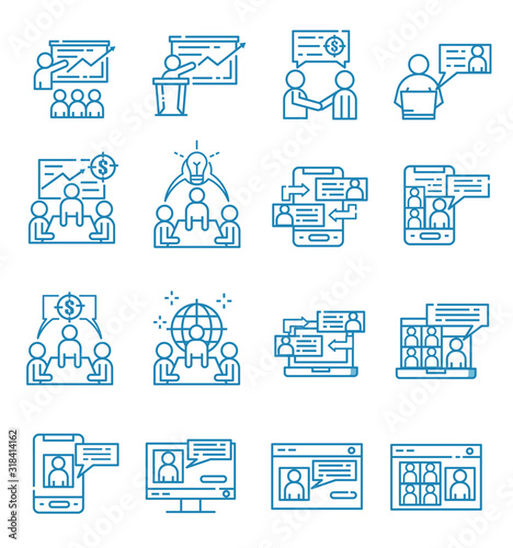 Set of meeting icons with outline style.