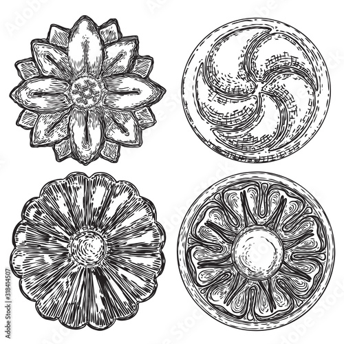Set of elegant vintage circular floral ornament in classic style. Round oriental flower element for pattern. Circle stucco ceiling moulding rosette. Vector.