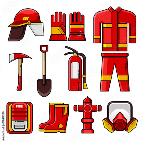 Set of firefighter safety gear icons and elements.