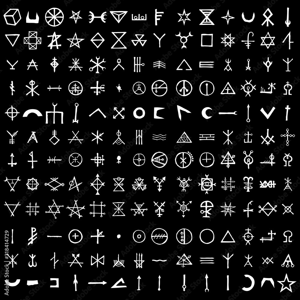 Large set of alchemical symbols isolated on white background. Hand drawn and written elements for signs design. Inspiration by mystical, esoteric, occult theme. Vector.