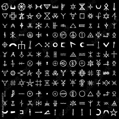 Large set of alchemical symbols isolated on white background. Hand drawn and written elements for signs design. Inspiration by mystical, esoteric, occult theme. Vector. photo