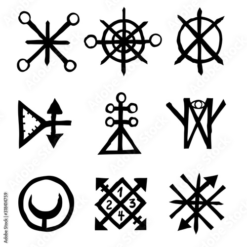 Set of icons and symbols letters inspired on the theme of magic and witch craft occult alchemy, mystic, esoteric religion and mason, isolated. Flesh tattoo ideas. Vector.