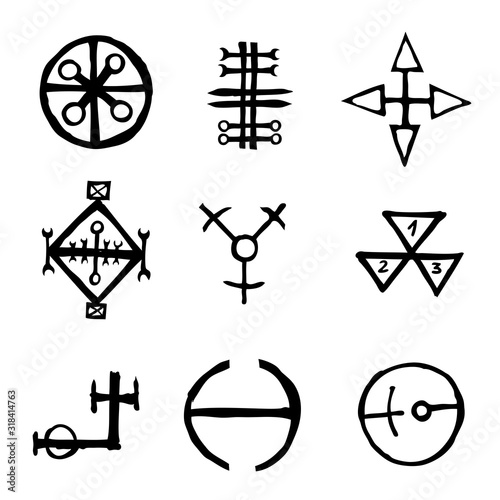 Set of icons and symbols letters inspired on the theme of magic and witch craft occult alchemy, mystic, esoteric religion and mason, isolated. Flesh tattoo ideas. Vector.