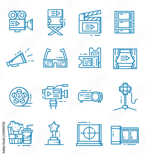 Set of cinema icons with outline style.