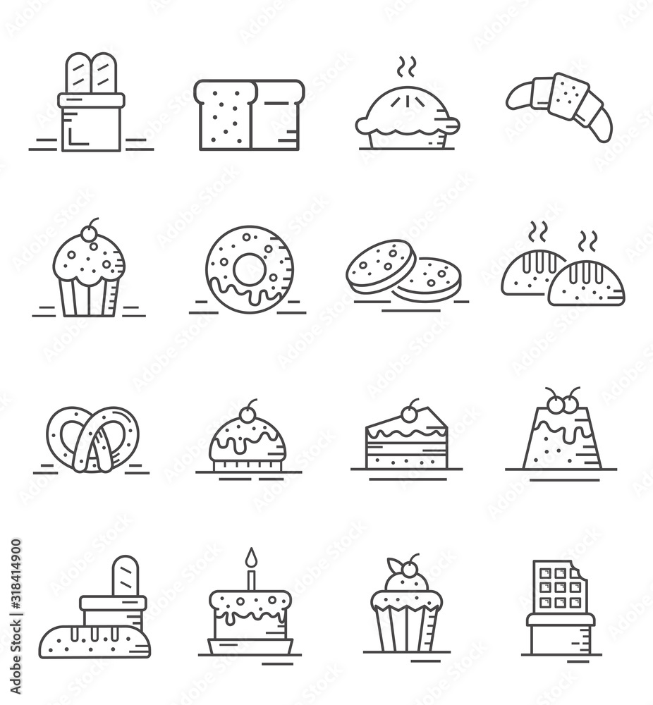 Set of cake and bakery icons with outline style.