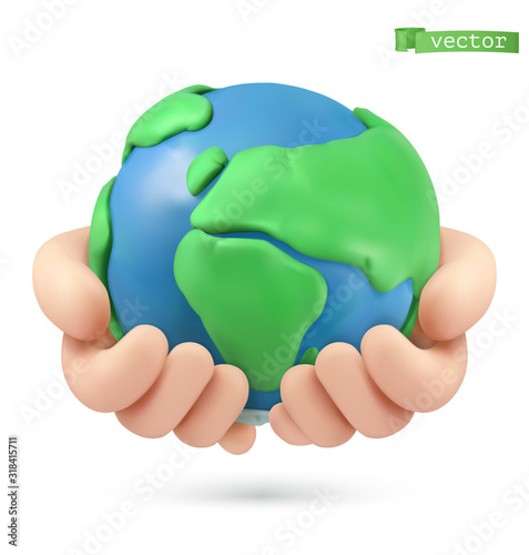 Planet earth in hands icon. 3d vector object. Handmade plasticine art illustration