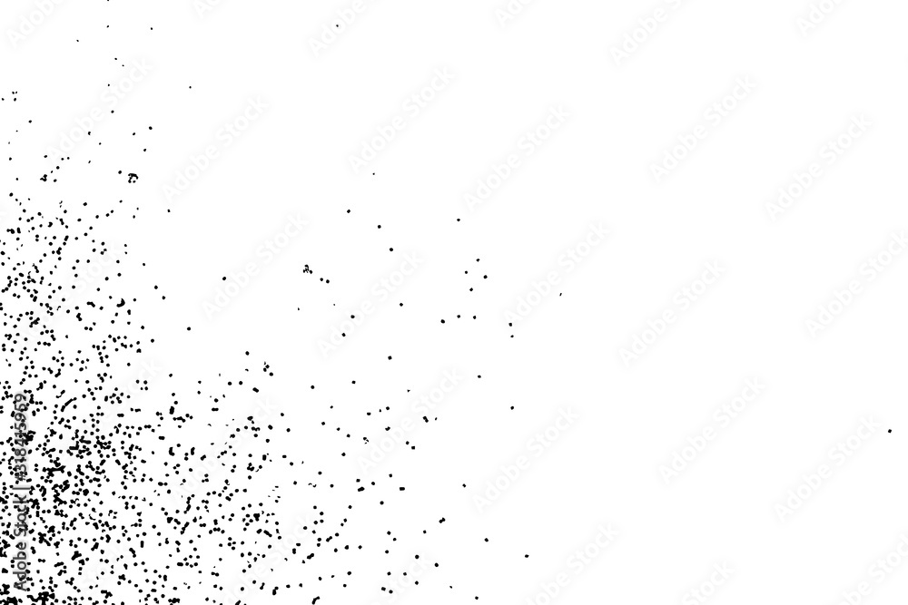 Black grainy textured and isolated on white background glitter and sprinkles. Distress overlay of sugar and salt. Grunge design elements. Vector.