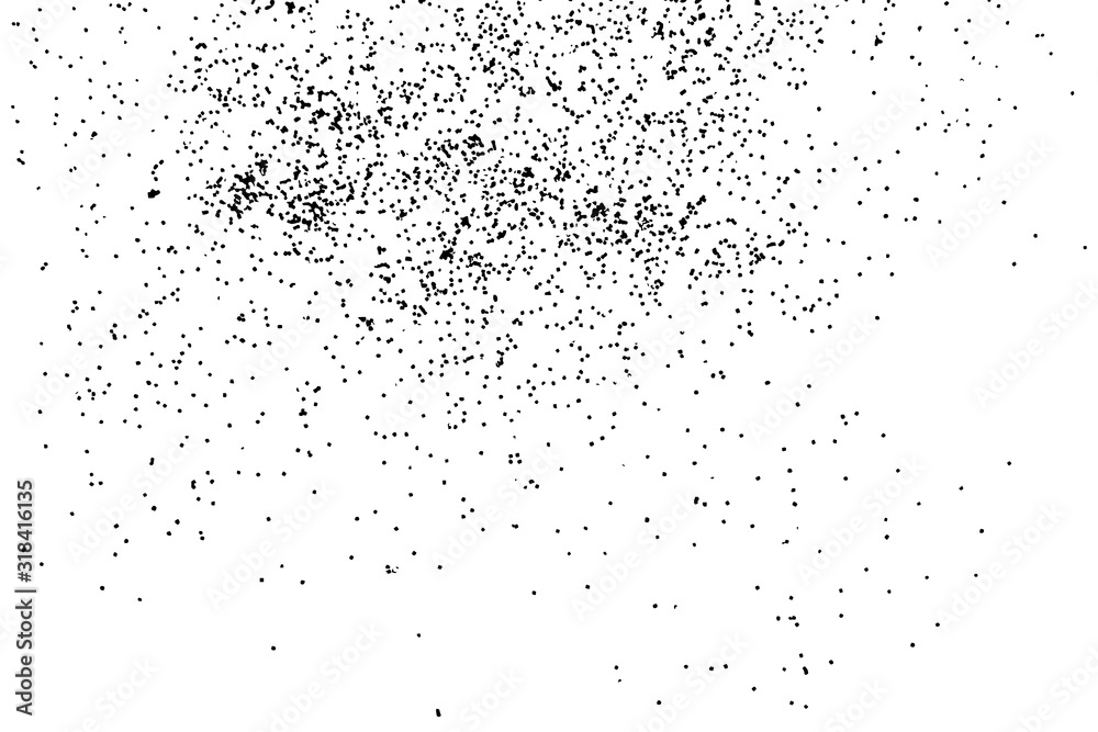 Obraz premium Abstract grainy texture isolated on white background. Top view. Dust, sand blow or bread crumbs. Silhouette of food flakes such as salt or almond or wheat flour spread on the flat surface or table.