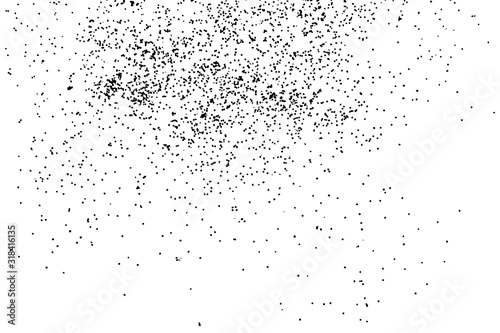 Abstract grainy texture isolated on white background. Top view. Dust, sand blow or bread crumbs. Silhouette of food flakes such as salt or almond or wheat flour spread on the flat surface or table.
