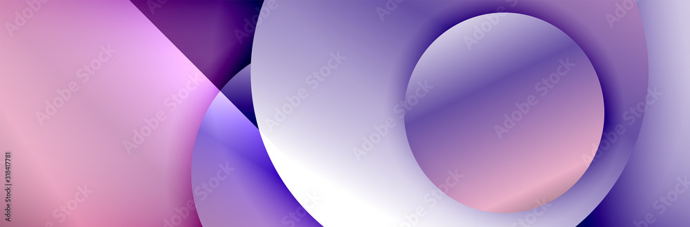 Dynamic trendy geometrical abstract background. Circles, round shapes 3d shadow effects and fluid gradients. Modern overlapping round forms