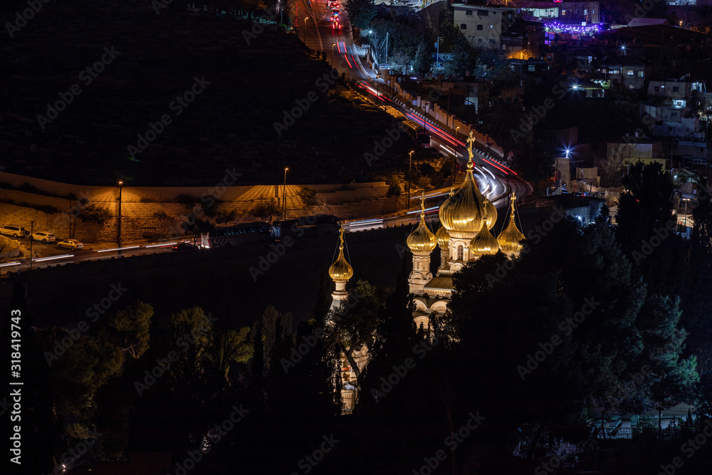 Long exposure night photo of Church of Mary Magdalene from the top of Mount of Olives, Jerusalem, Israel