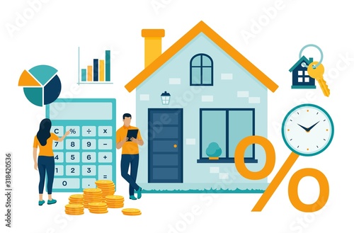 Mortgage concept. House loan or money investment to real estate. Property money investment contract. Buying Home. Man and woman calculates home mortgage rate. Vector illustration with characters.