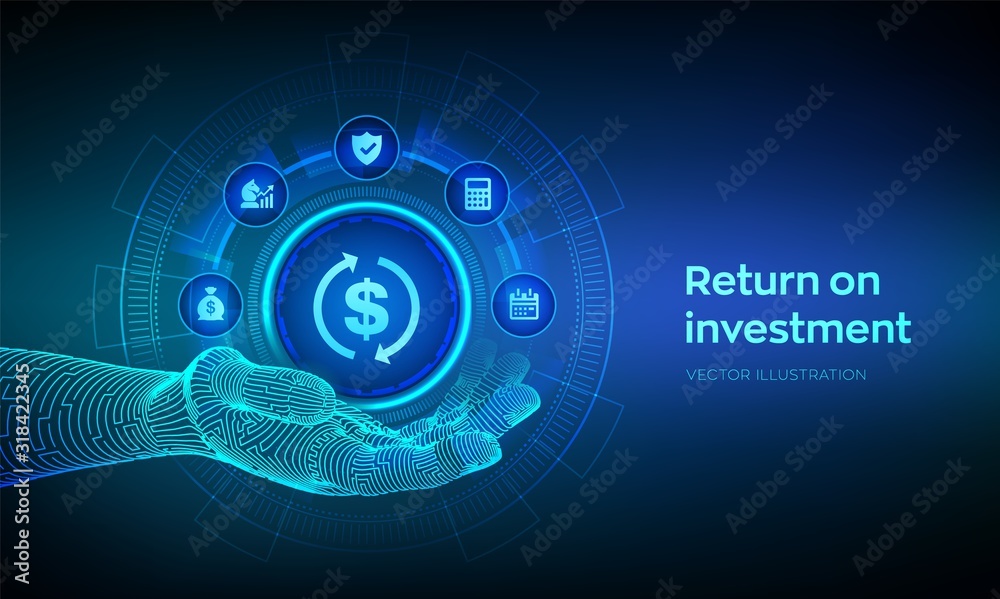 ROI icon in robotic hand. Return on investment business and technology concept. Profit or financial income strategy. Market and Finance, Business Growth. Vector illustration.