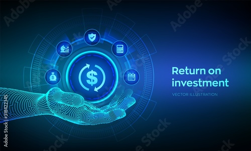 ROI icon in robotic hand. Return on investment business and technology concept. Profit or financial income strategy. Market and Finance, Business Growth. Vector illustration.