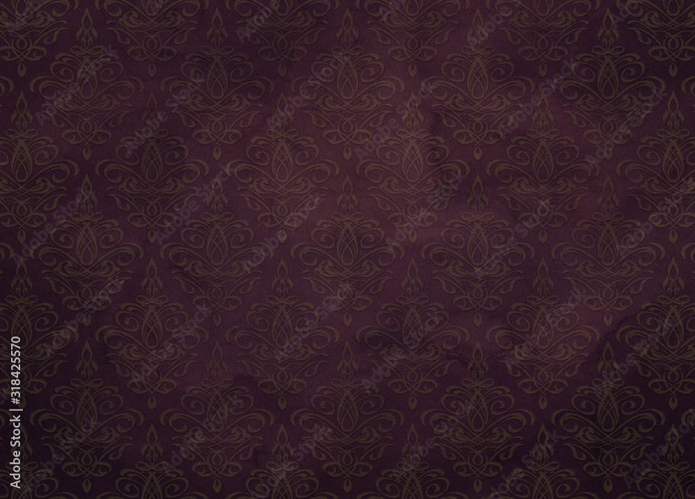 Dark Damask Wallpaper Pattern With Watercolor Stains