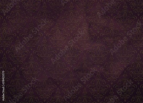 Dark Damask Wallpaper Pattern With Watercolor Stains