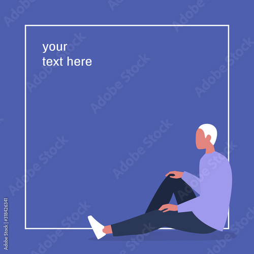 Young male character sitting inside a frame, your text here, design template