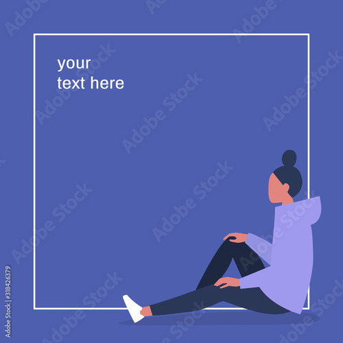 Young female character sitting inside a frame, your text here, design template