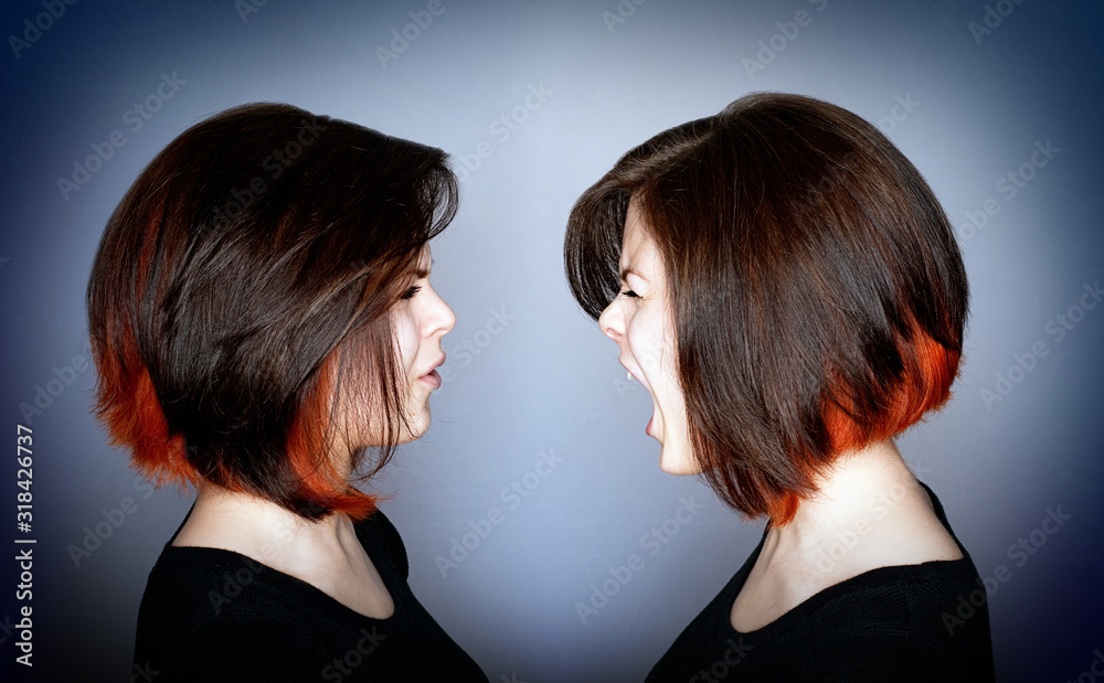 Woman yelling at herself Woman yelling at herself