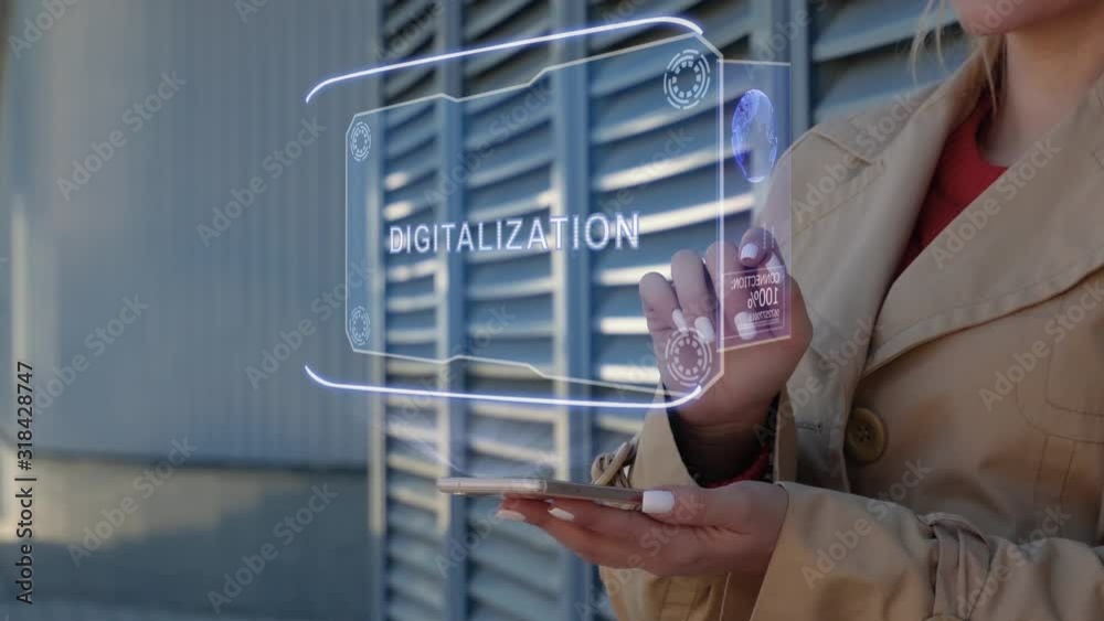 Unrecognizable businesswoman interacts HUD hologram with text ...