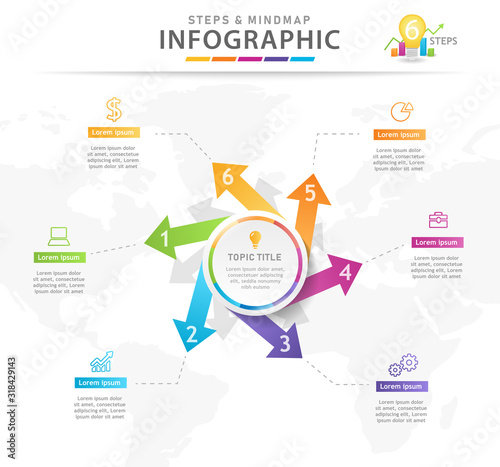 Infographic template for business. 6 Steps Modern Mindmap diagram with arrows, presentation vector infographic.