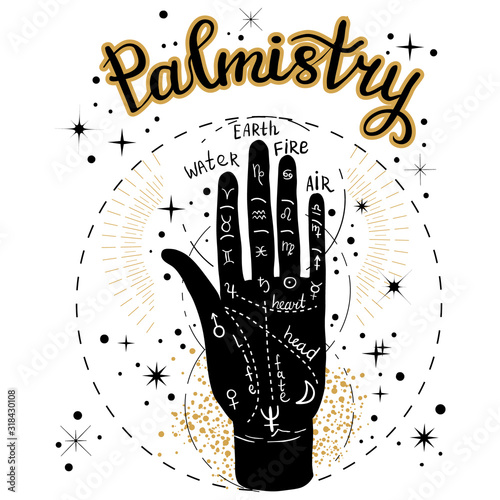 Vector illustration of chiromancy map. Esoteric occult and astrology symbols.Palmistry lettering.