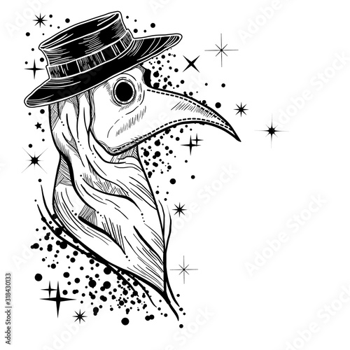 Vector gothic illustration of plague doctor. Tattoo art style. Medieval venetian mask concept.