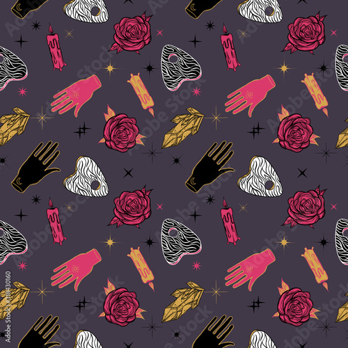 Witchcraft seamless pattern with roses, magic hands, ouija board,candle and crystal. Mystic, occult background. Trendy vector illustration.