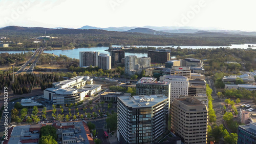 Photography Aerial view of Canberra City, the capital of Australia, looking south toward Lak