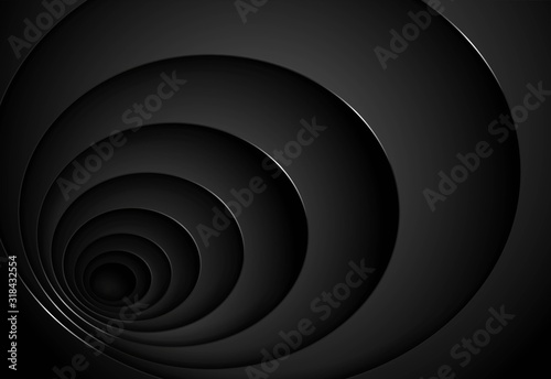 Abstract black background with circles. Round holes of different sizes with a shadow. 3D effect of deep remote space, tunnel, pipe. Modern exquisite template for the background. Vector illustration