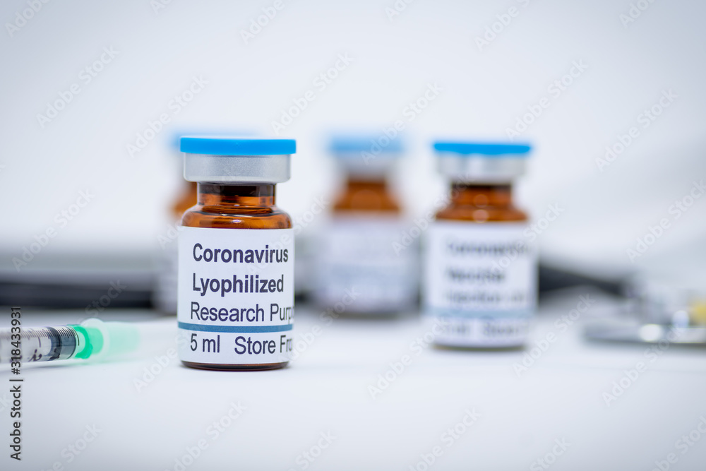 Illustrative vial with labels as coronavirus sample Illustrative vial with labels as coronavirus sample