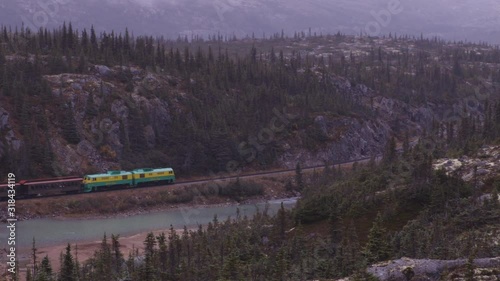 White Pass and Yukon Route Railroad train ride and tourist attraction for cruise ship passengers and tourists on White Pass Summit excursion from Skagway, Alaska, USA to Whitehorse, Yukon, BC, Canada. photo