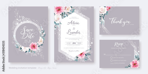 Set of floral wedding Invitation card, save the date, thank you, rsvp template. Vector. Pink peony flower and white rose with greenery, silver dollar, olive leaves, Wax flower.