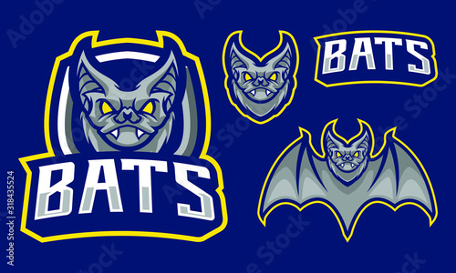Bats mascot logo design with extra shield for sport/ e-sport team isolated on navy blue background