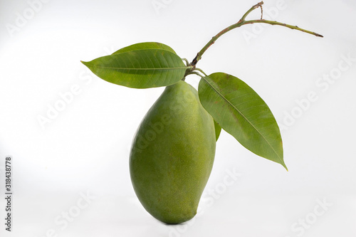 Delicious ripe mango with green leaf on white background. 