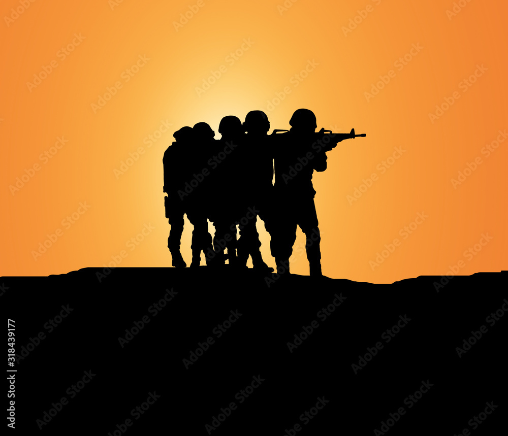 silhouette soldier with weapon during search terrorist on mountain