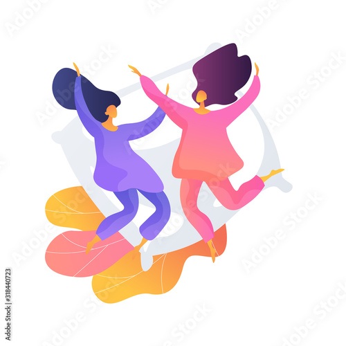 Girlfriends in pyjamas at hen party, Overnight stay, pajama party, sleepover fun. Childhood activity. Cheerful teenage girls and pillow. Vector isolated concept metaphor illustration