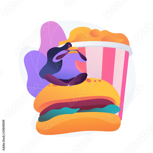 Hungry woman eating burger. Fast food addiction, excessive eating, high calorie meal. Girl with huge appetite, overeating and gluttony. Vector isolated concept metaphor illustration